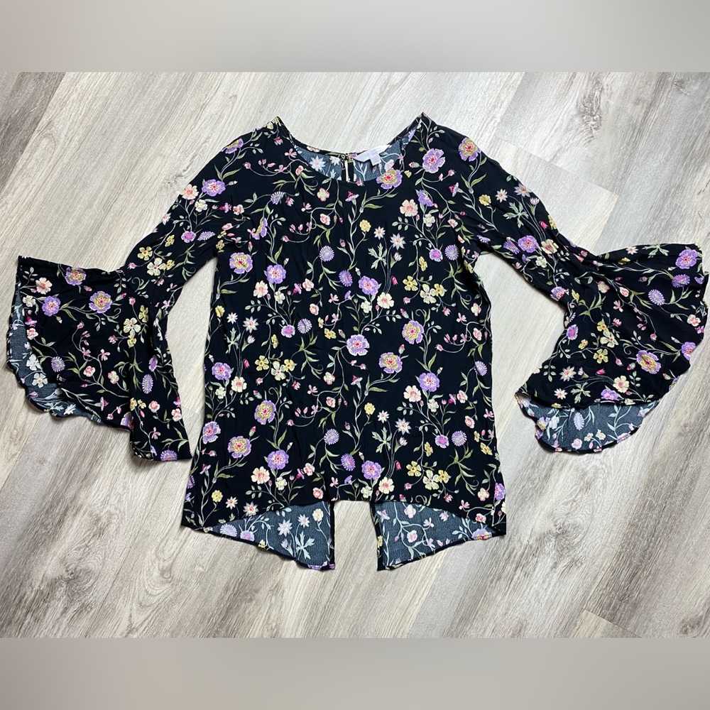 A26 Lauren Conrad Blouse Floral Long Sleeve Bell Sleeve Top Multicolor Sz Small